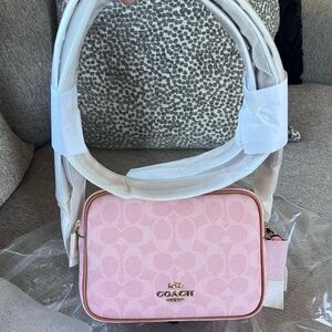 Coach Powder Pink Mini Carey Crossbody Bag With Tea Rose Floral Charms